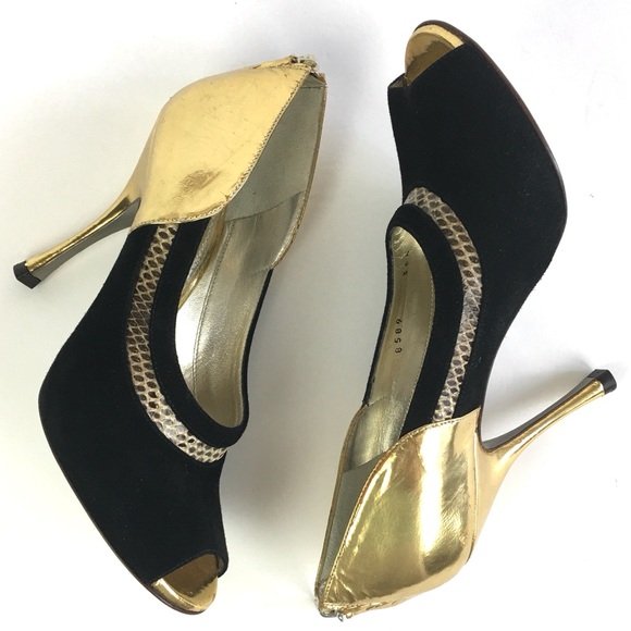 NWT Dolce & Gabbana Gold/Black Leather and Suede Peep Toe Pump Sz 36. 5 (US 6.5) - Picture 6 of 14